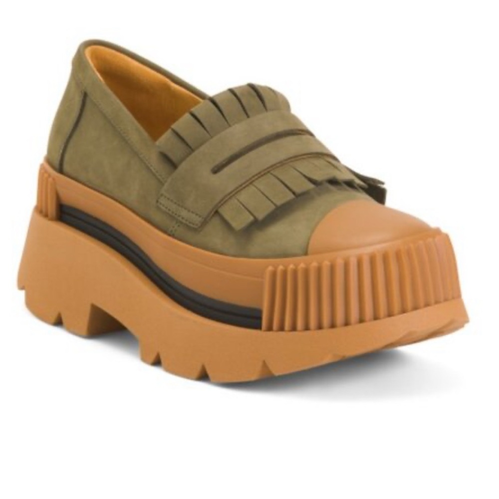 Olive and Tan Platform Loafers